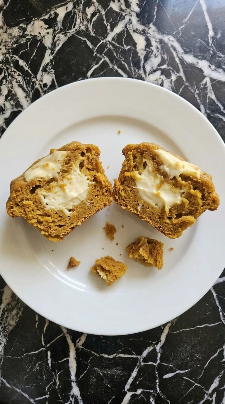 Fall Desserts with Cream Cheese served as a split pumpkin muffin revealing its creamy white center