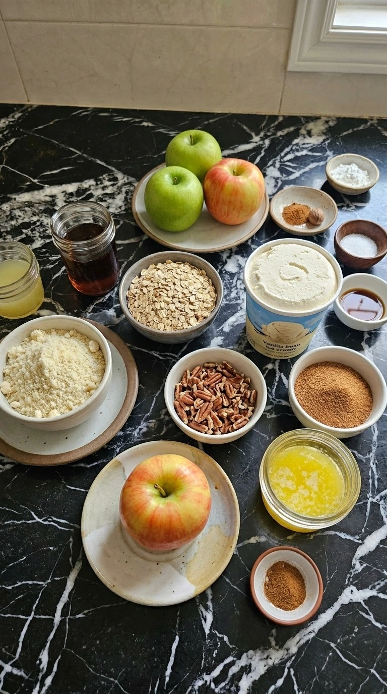 Gluten Free Apple Crisp Almond Flour ingredients with apples almond flour oats pecans and cinnamon