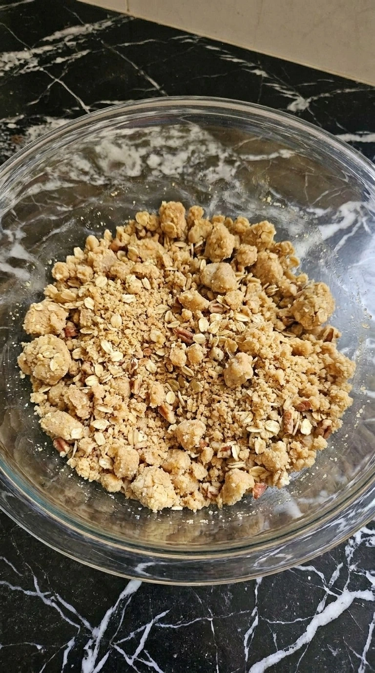 Gluten Free Apple Crisp Almond Flour almond oat pecan crumble mixed into irregular clusters