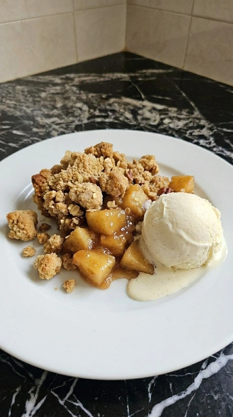 Gluten Free Apple Crisp Almond Flour serving with warm apples crumble and vanilla bean ice cream