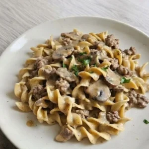 Ground Beef Stroganoff creamy mushroom sauce with browned beef and noodles Recipe focus: beef stroganoff recipe.