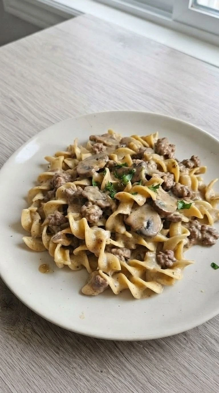 Ground Beef Stroganoff creamy mushroom sauce with browned beef and noodles Recipe focus: beef stroganoff recipe.
