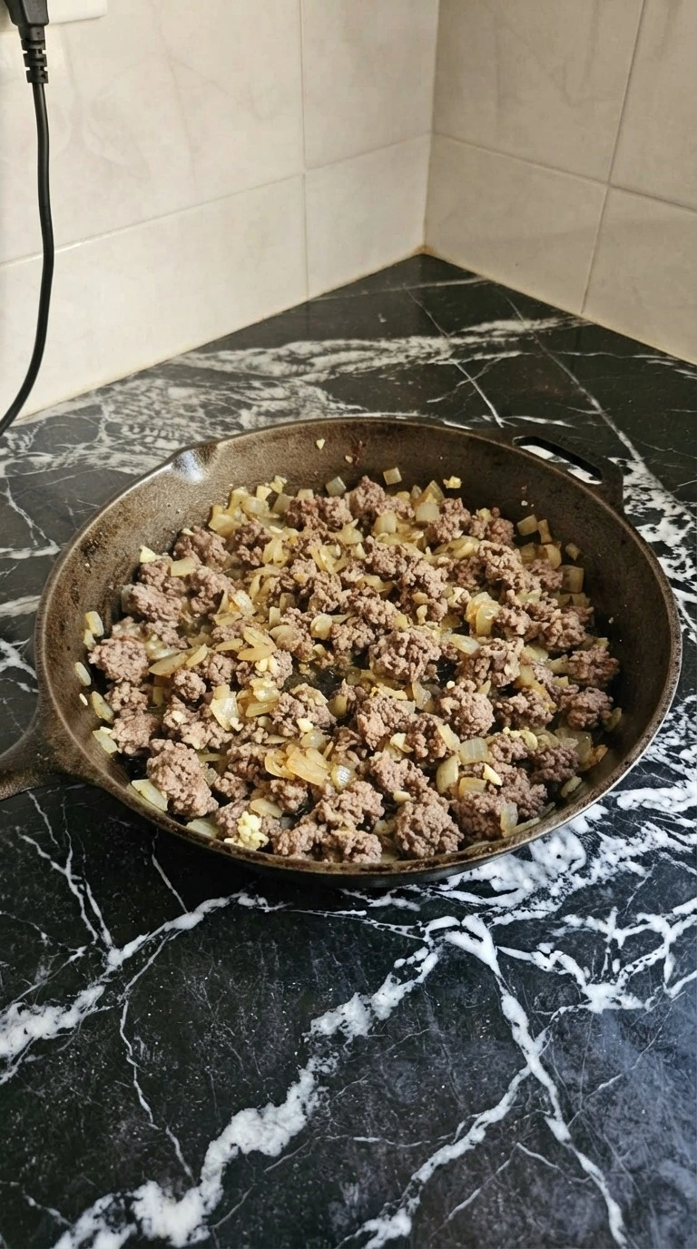 Ground Beef Stroganoff browning ground beef with onion and garlic in skillet Recipe focus: beef stroganoff easy.