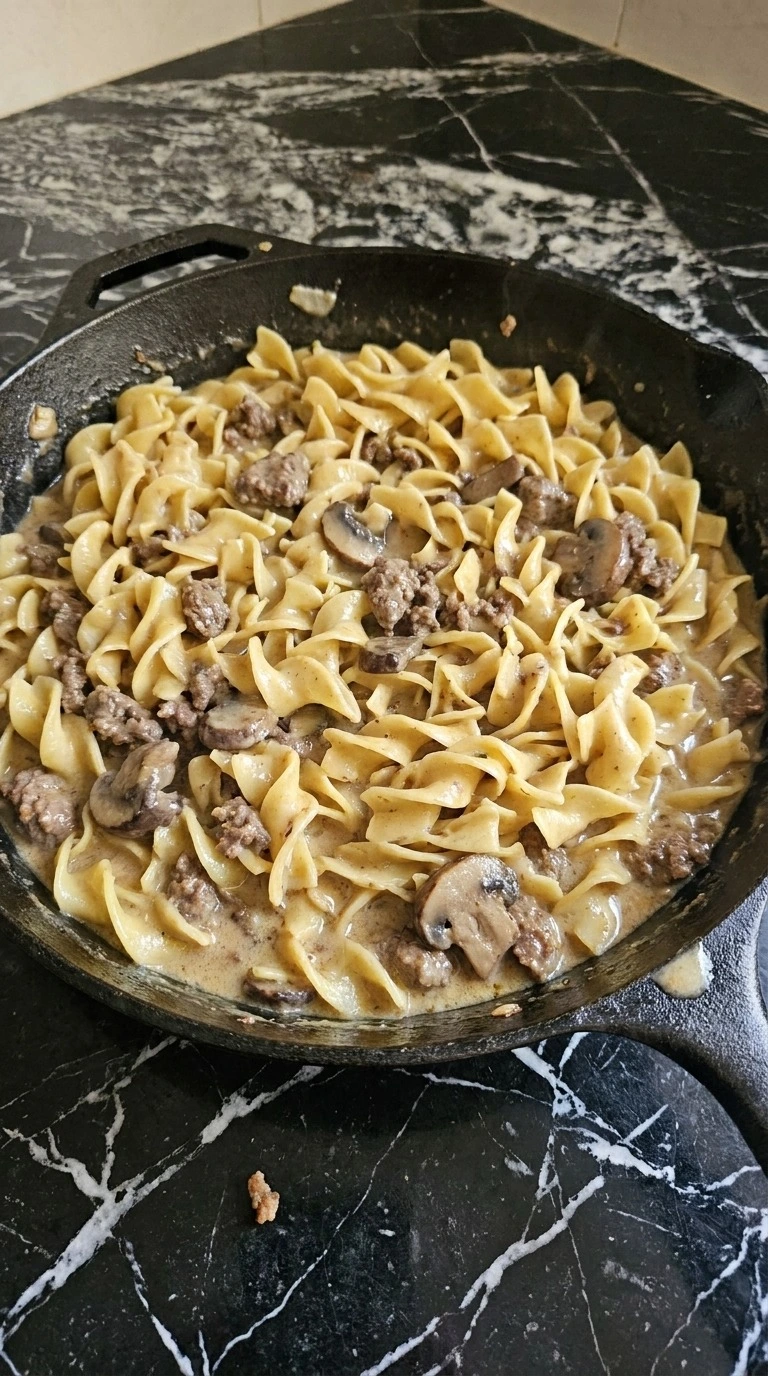 Ground Beef Stroganoff creamy noodles folded with beef and mushroom sauce Recipe focus: beef stroganoff recipe.