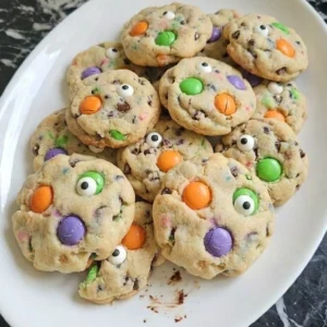 Halloween Cake Mix Cookies with colorful candy pieces and candy eyeballs on a white serving platter Recipe focus: halloween cake mix cookies recipes.