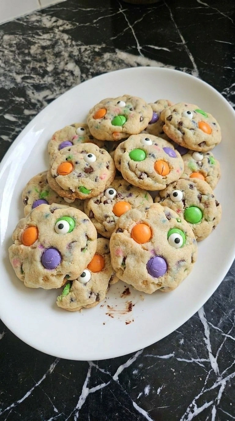 Halloween Cake Mix Cookies with colorful candy pieces and candy eyeballs on a white serving platter Recipe focus: halloween cake mix cookies recipes.