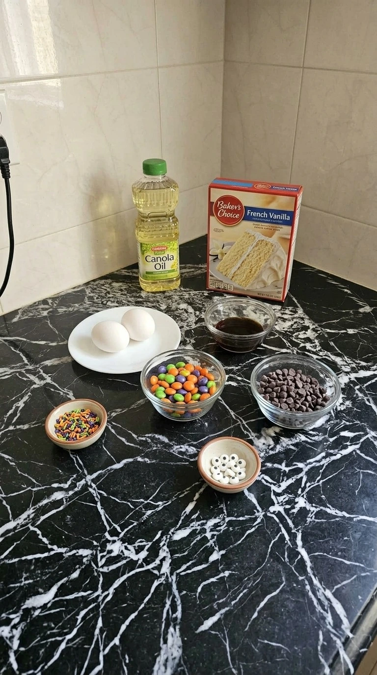 Halloween Cake Mix Cookies ingredients with French vanilla cake mix, eggs, oil, candy pieces and sprinkles Recipe focus: cake mix cookies halloween.