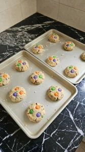 Halloween Cake Mix Cookies shaped into rough dough mounds with colorful candy pressed on top Recipe focus: cake mix halloween cookies.