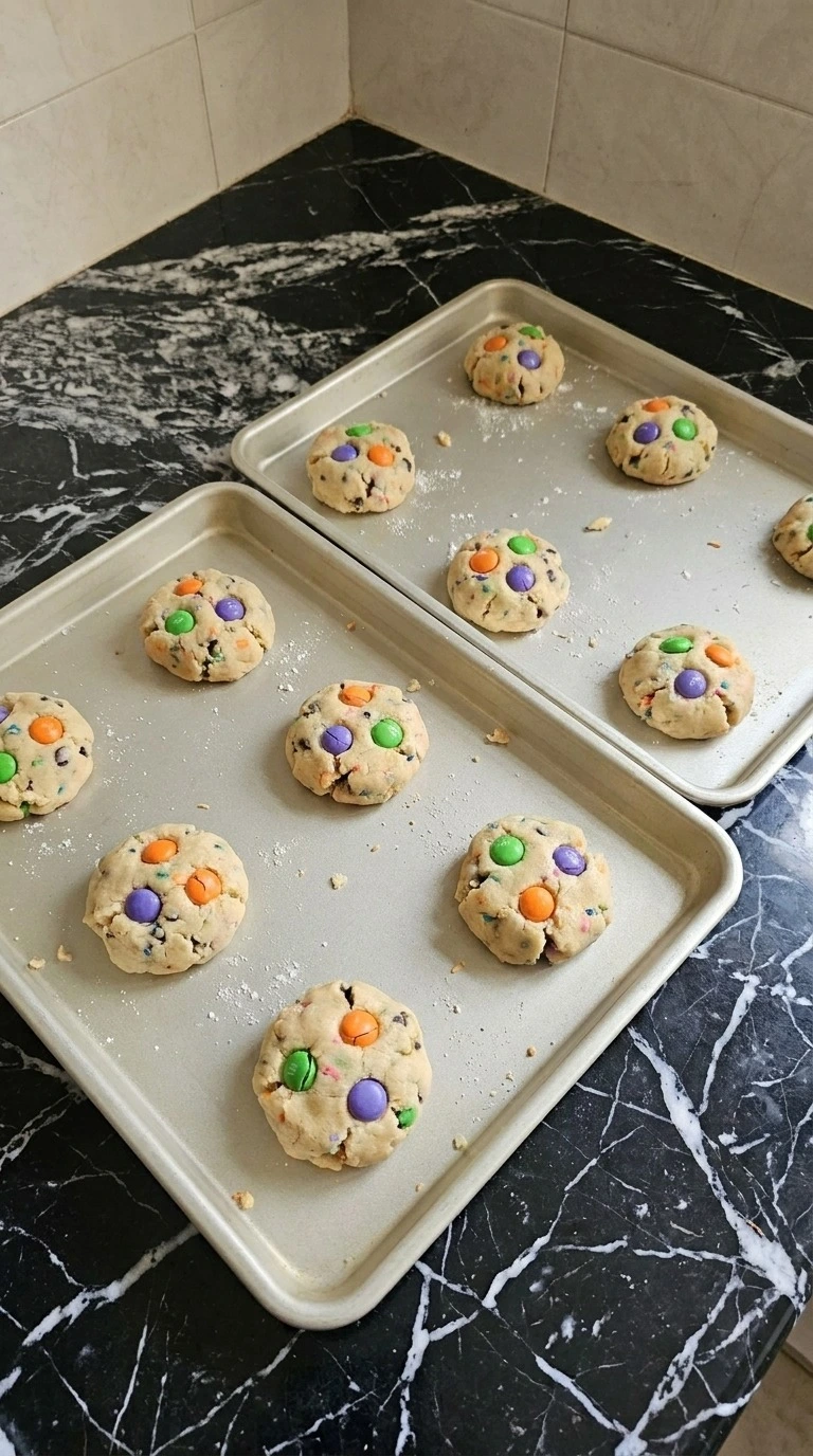 Halloween Cake Mix Cookies shaped into rough dough mounds with colorful candy pressed on top Recipe focus: cake mix halloween cookies.