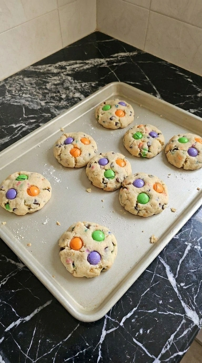 Halloween Cake Mix Cookies baked with pale golden edges, soft centers and colorful candy patches Recipe focus: cake mix cookies halloween.