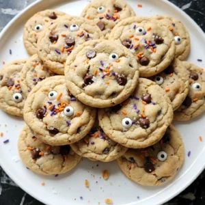 Halloween Chocolate Chip Cookies Pillsbury with candy eyes, orange sprinkles and soft golden centers on a white plate