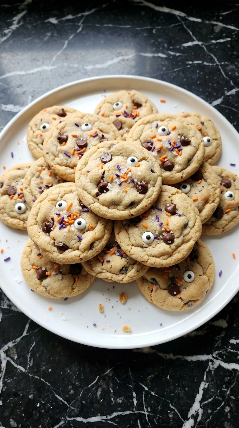 Halloween Chocolate Chip Cookies Pillsbury with candy eyes, orange sprinkles and soft golden centers on a white plate