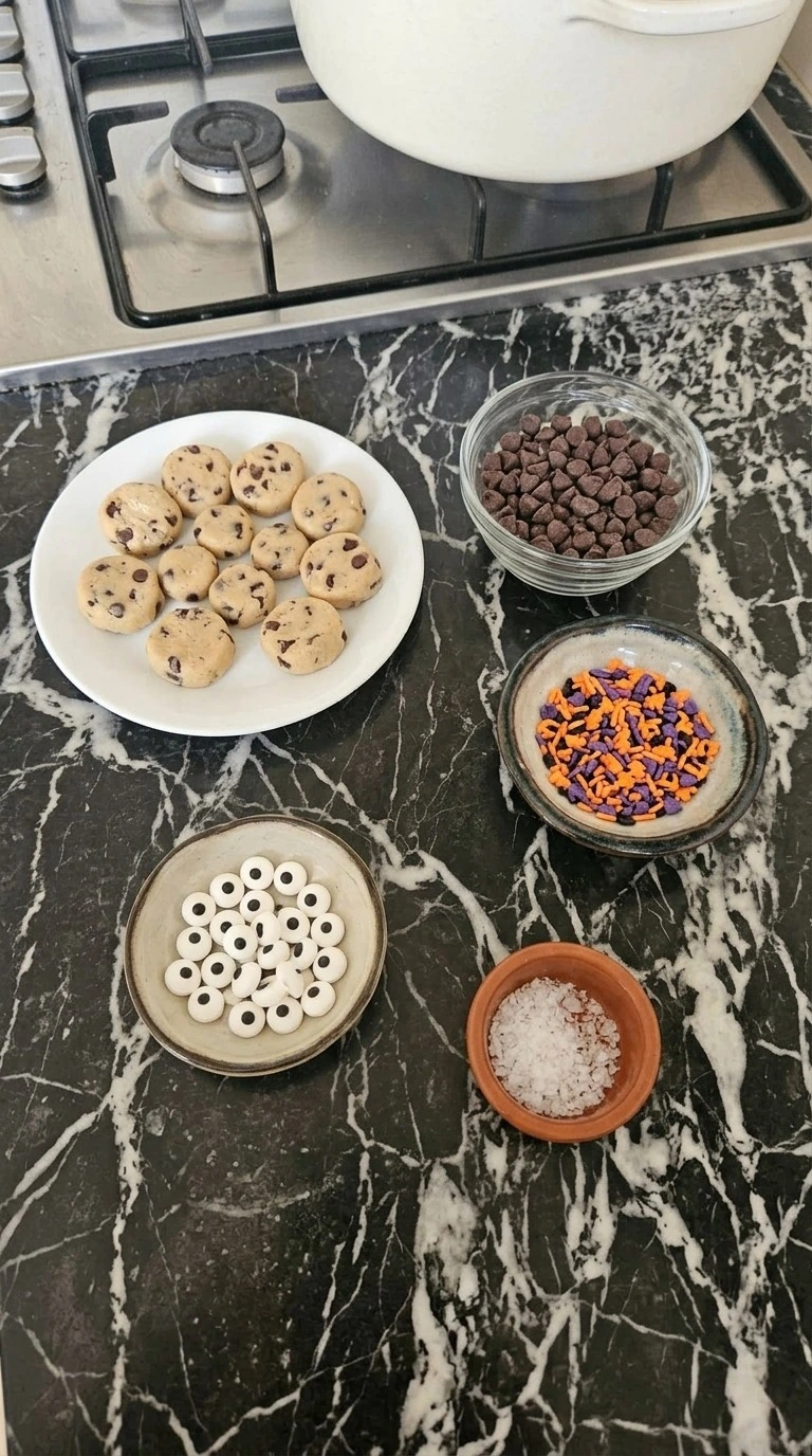 Halloween Chocolate Chip Cookies Pillsbury ingredients with dough pieces, chocolate chips, sprinkles, candy eyes and sea salt