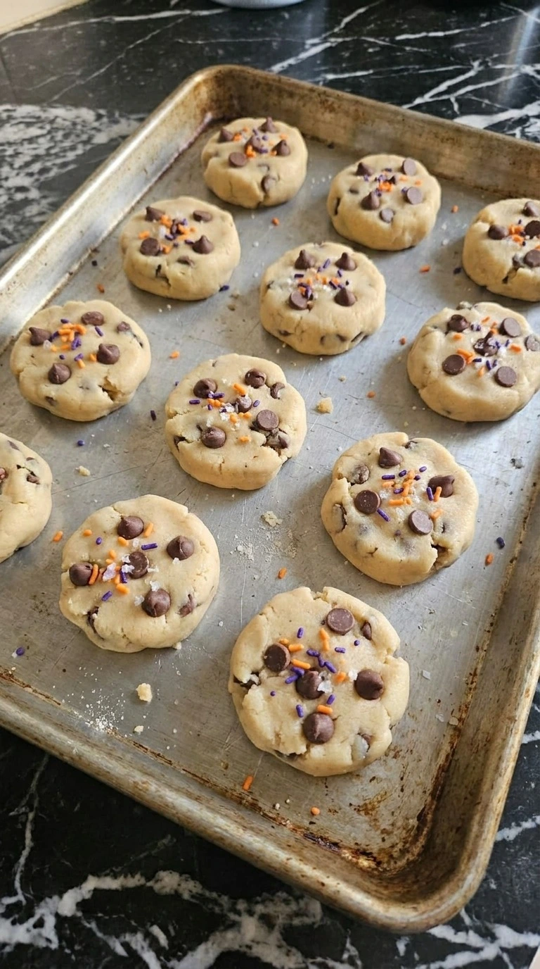 Halloween Chocolate Chip Cookies Pillsbury dough rounds topped with chips and sprinkles before baking