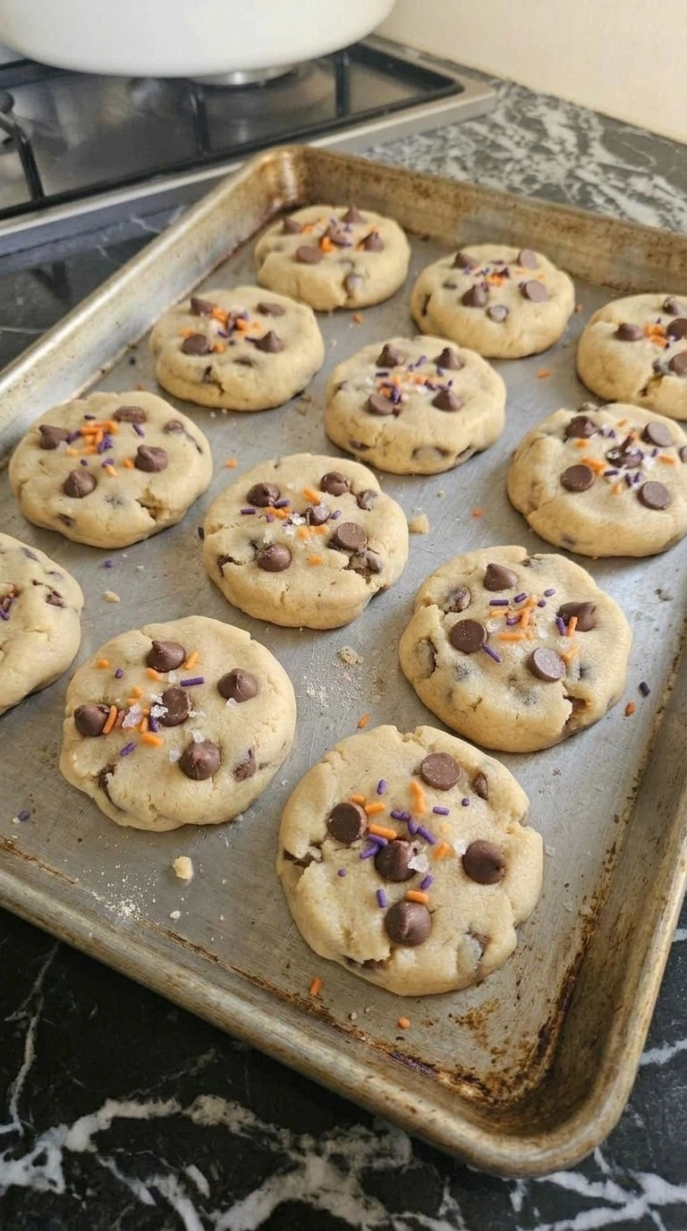 Halloween Chocolate Chip Cookies Pillsbury baked with pale golden edges and soft chocolate chip centers