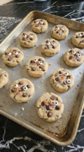 Halloween Chocolate Chip Cookies Pillsbury with two candy eyeballs pressed into each warm cookie