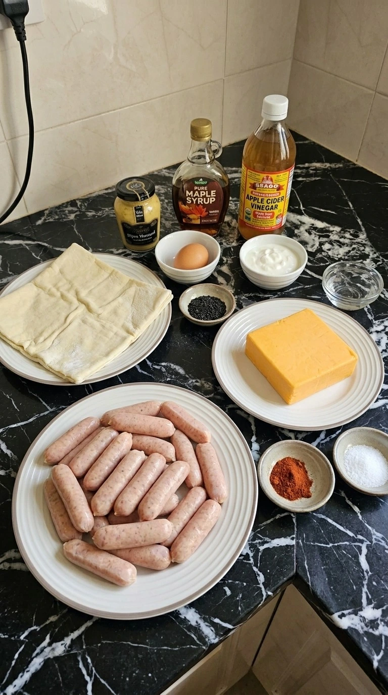 Halloween Cocktail Party Appetizers ingredients with puff pastry, chicken sausages, cheddar and Dijon