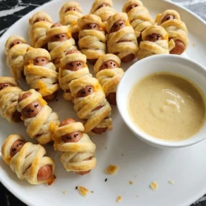 Halloween Cocktail Party Appetizers with golden mummy sausage bites and Dijon yogurt dip