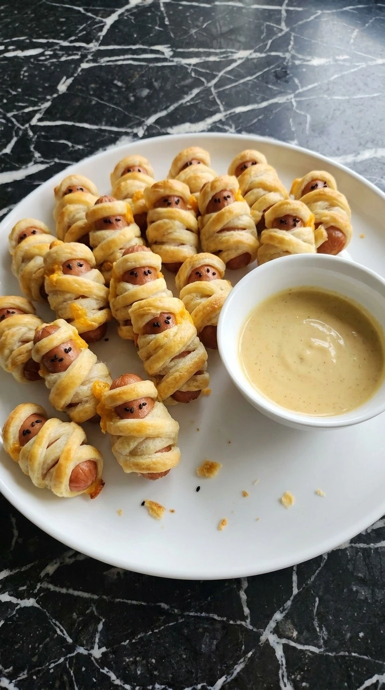 Halloween Cocktail Party Appetizers with golden mummy sausage bites and Dijon yogurt dip