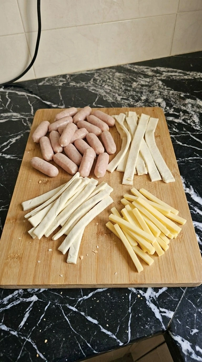 Halloween Cocktail Party Appetizers step with puff pastry strips, chicken sausages and cheddar batons
