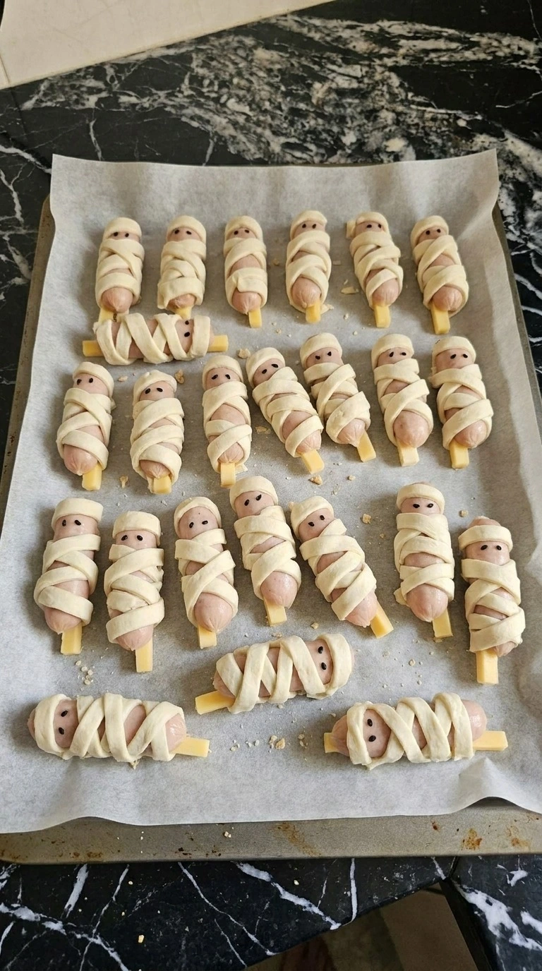 Halloween Cocktail Party Appetizers step showing 24 wrapped mummy sausage bites before baking