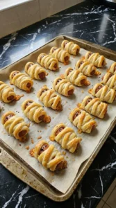 Halloween Cocktail Party Appetizers step with deep golden baked mummy sausage bites on a sheet pan