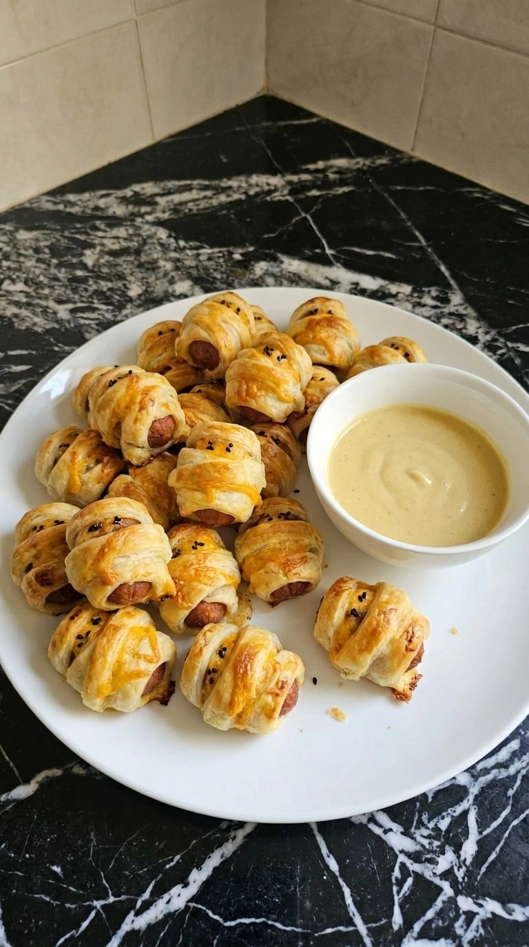 Halloween Cocktail Party Appetizers plated with golden mummy bites and pale Dijon yogurt dip