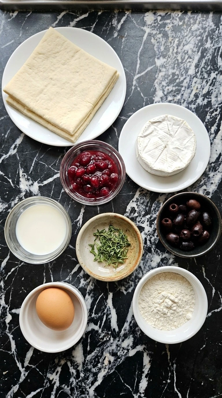 Halloween Cocktail Party Food ingredients with puff pastry, Brie, cranberry sauce, thyme and black olives Recipe focus: halloween party food ideas appetizers.