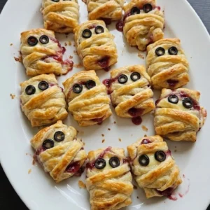 Halloween Cocktail Party Food with golden mummy Brie bites, cranberry centers and black olive eyes Recipe focus: halloween dishes party ideas.