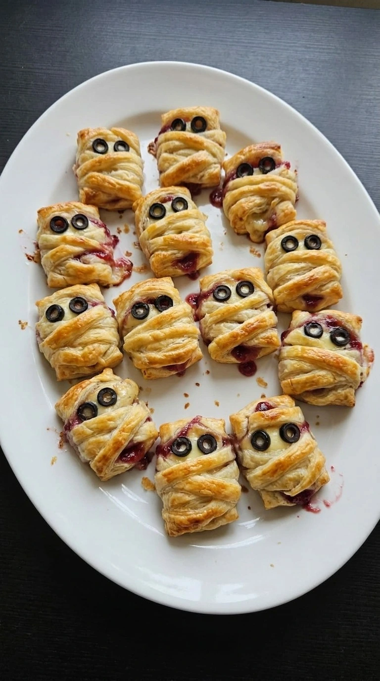 Halloween Cocktail Party Food with golden mummy Brie bites, cranberry centers and black olive eyes Recipe focus: halloween dishes party ideas.