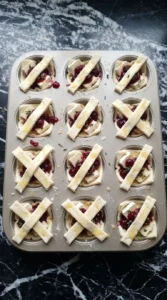Halloween Cocktail Party Food step showing twelve Brie cranberry cups wrapped with pale mummy pastry strips Recipe focus: halloween themed appetizers.