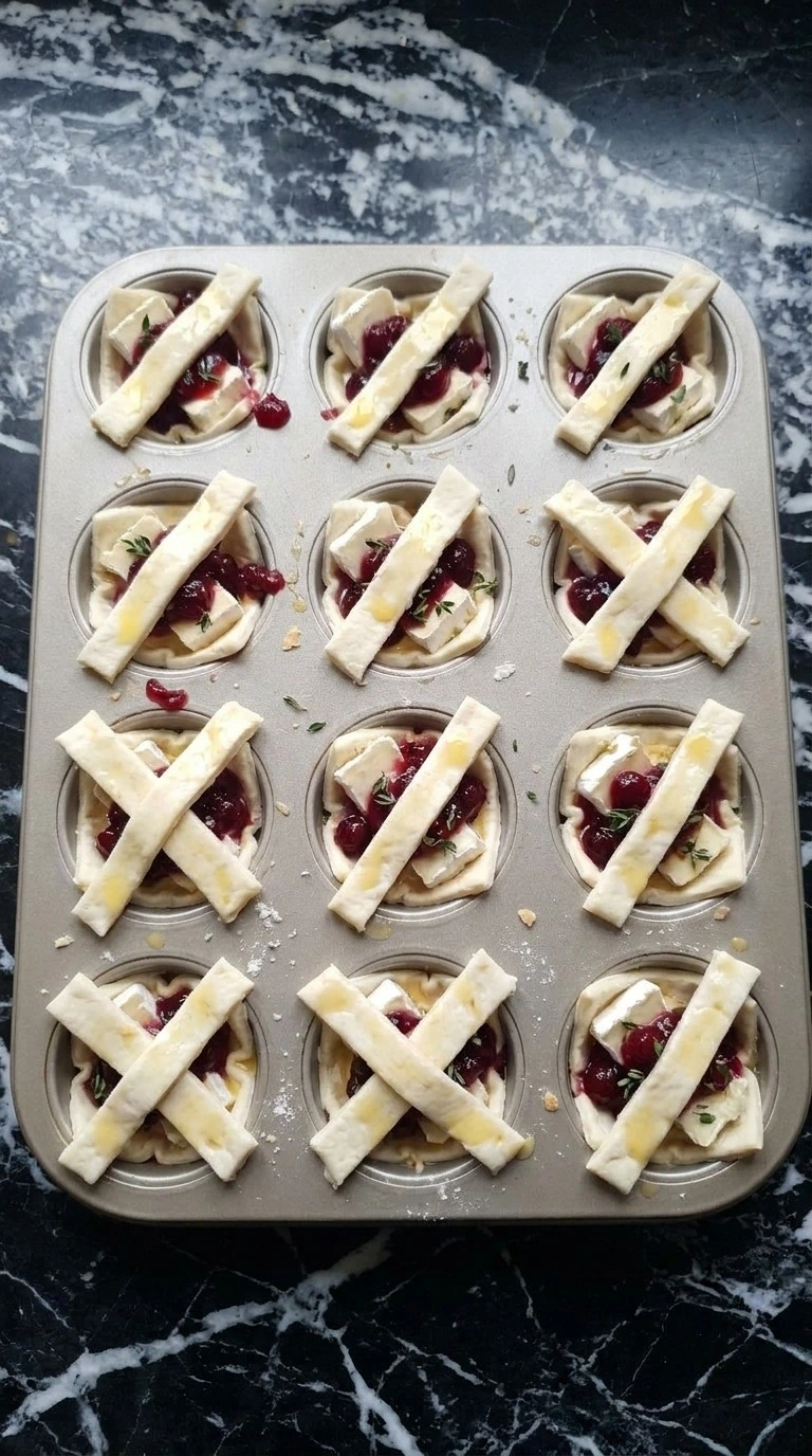 Halloween Cocktail Party Food step showing twelve Brie cranberry cups wrapped with pale mummy pastry strips Recipe focus: halloween themed appetizers.