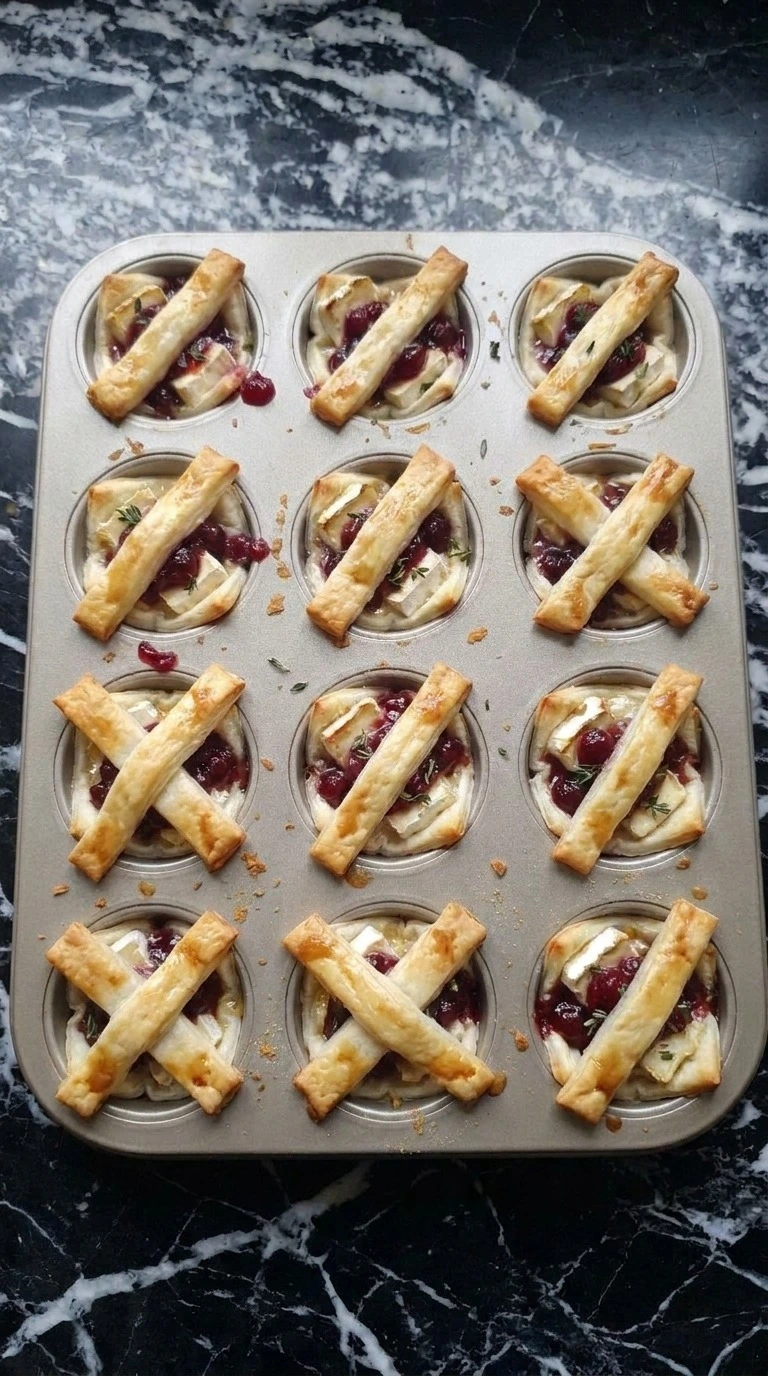 Halloween Cocktail Party Food step with twelve deep golden mummy Brie bites baking with cranberry bubbles Recipe focus: easy halloween appetizers for a party.