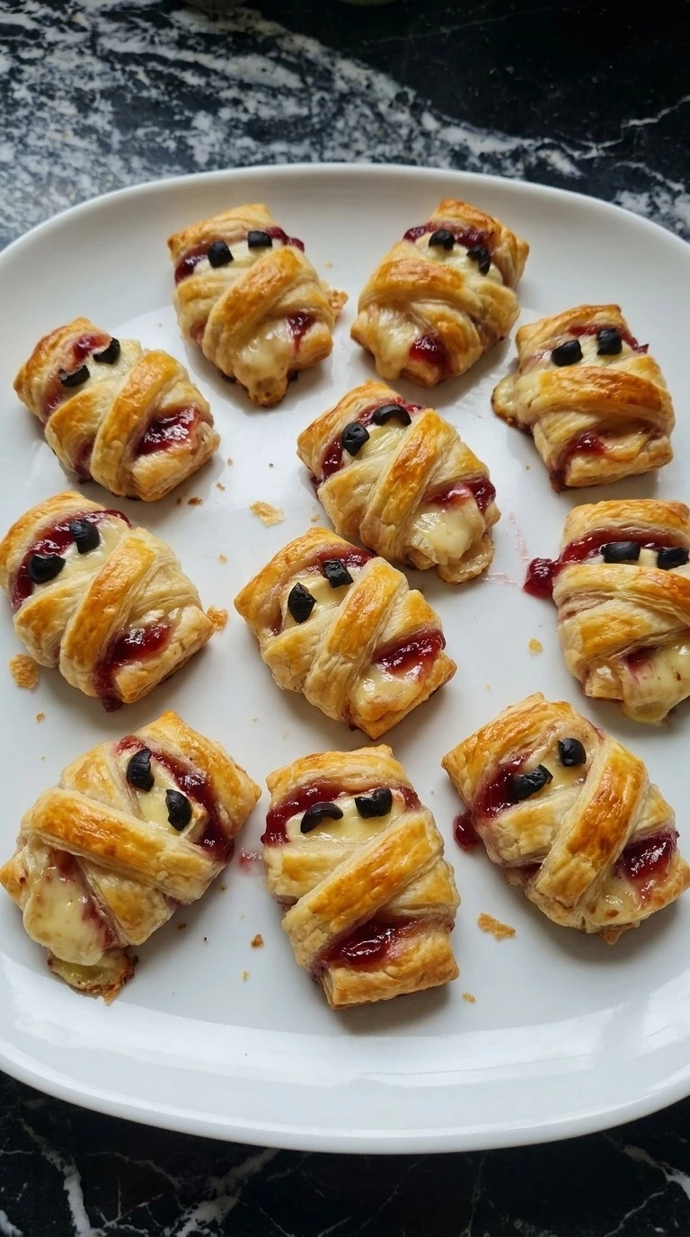 Halloween Cocktail Party Food finished with twelve golden mummy Brie bites and tiny black olive eyes Recipe focus: halloween food for party dinners.