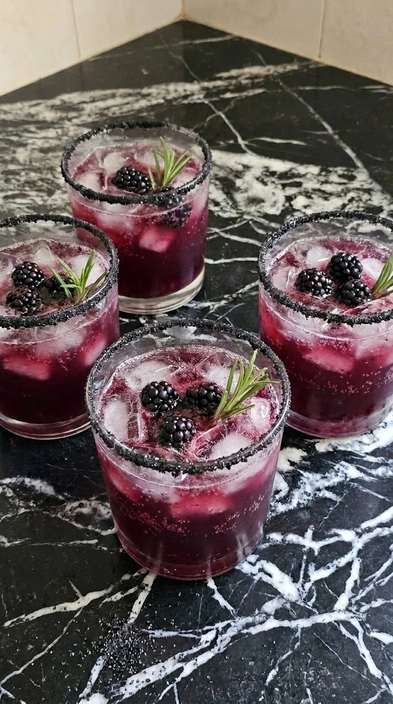 Halloween Cocktails in four rocks glasses with purple berry fizz, black sugar rims, blackberries and rosemary Recipe focus: easy halloween cocktails.
