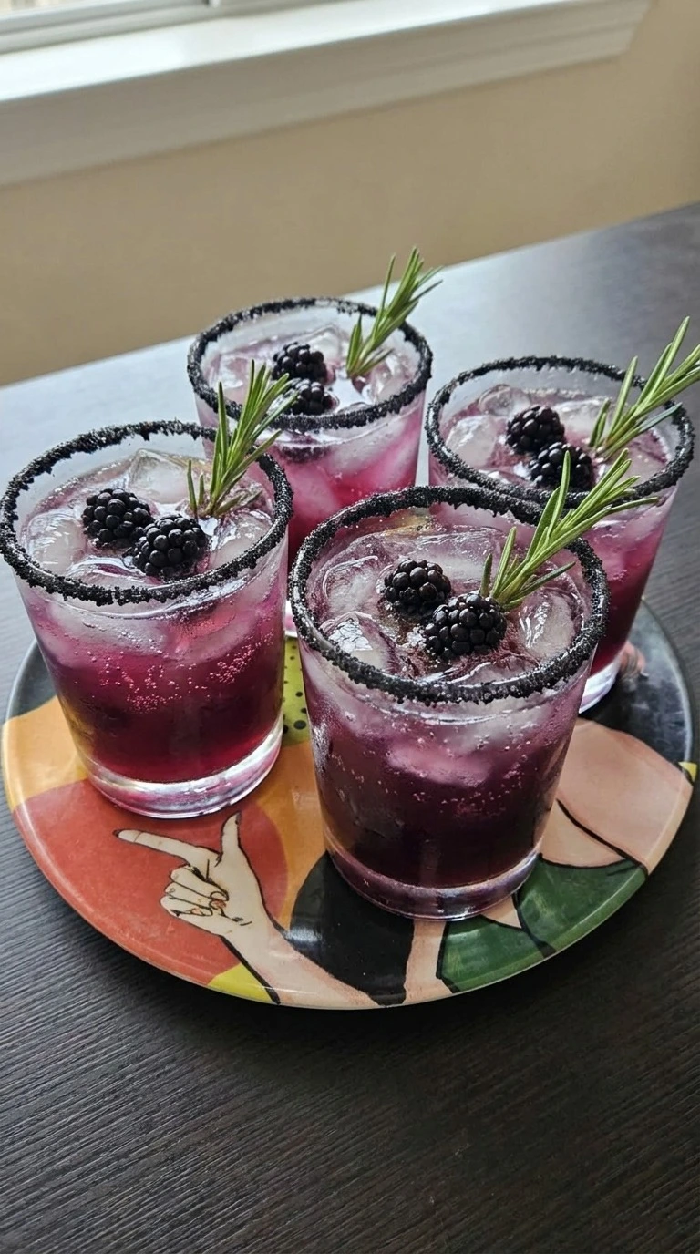 Halloween Cocktails in four rocks glasses with purple berry fizz, black sugar rims, blackberries and rosemary Recipe focus: easy halloween cocktails.