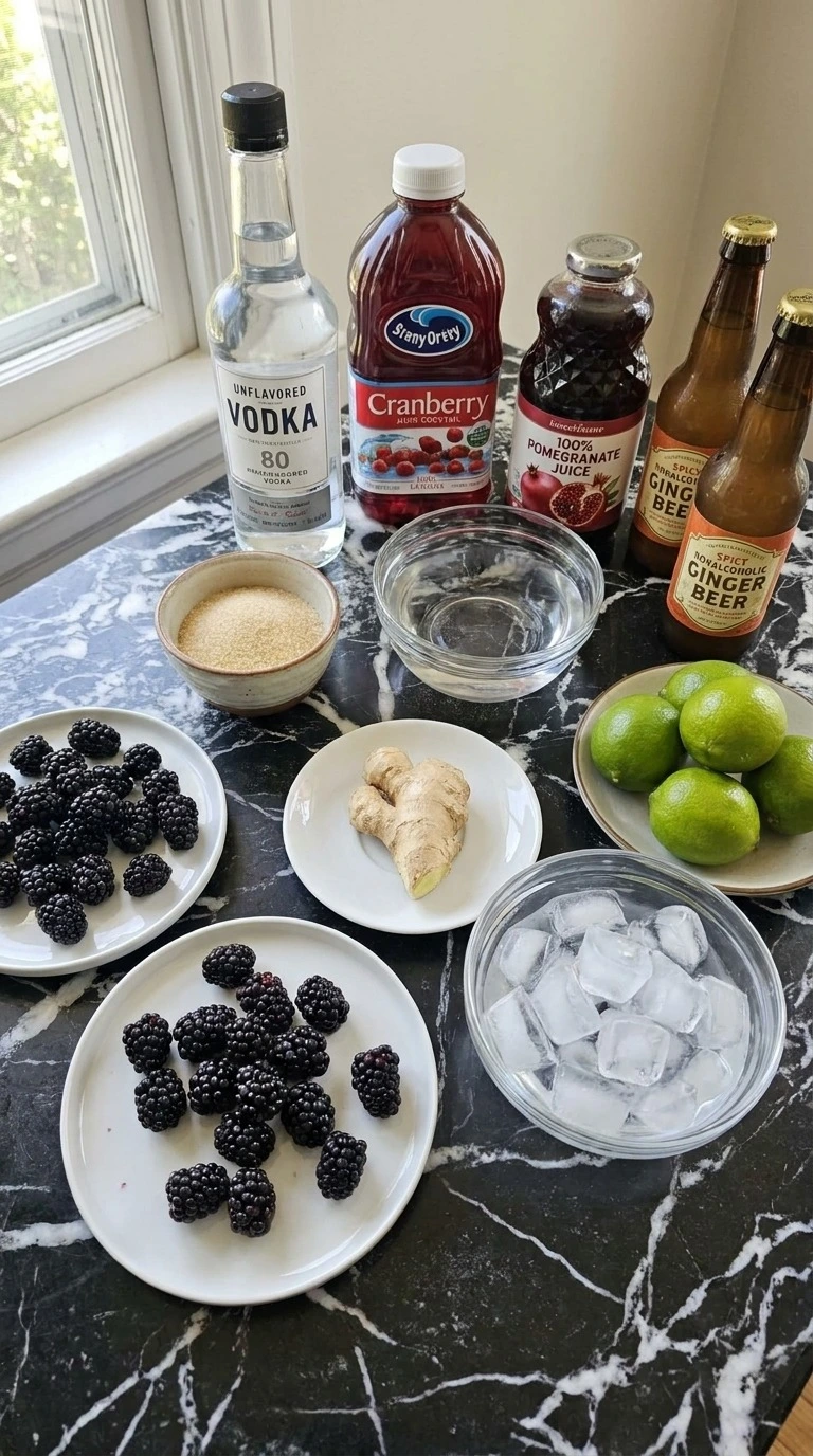 Halloween Cocktails for a Crowd ingredients with berries, lime, juices, vodka, ginger beer and ginger Recipe focus: easy halloween cocktails for a crowd.