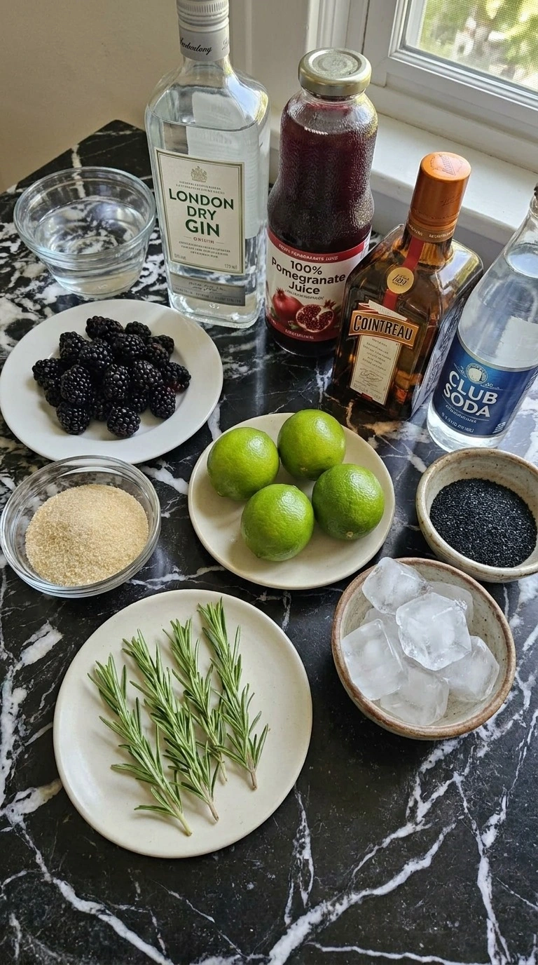 Halloween Cocktails ingredients with blackberries, gin, pomegranate juice, Persian limes, club soda and black Recipe focus: halloween cocktails easy recipe.