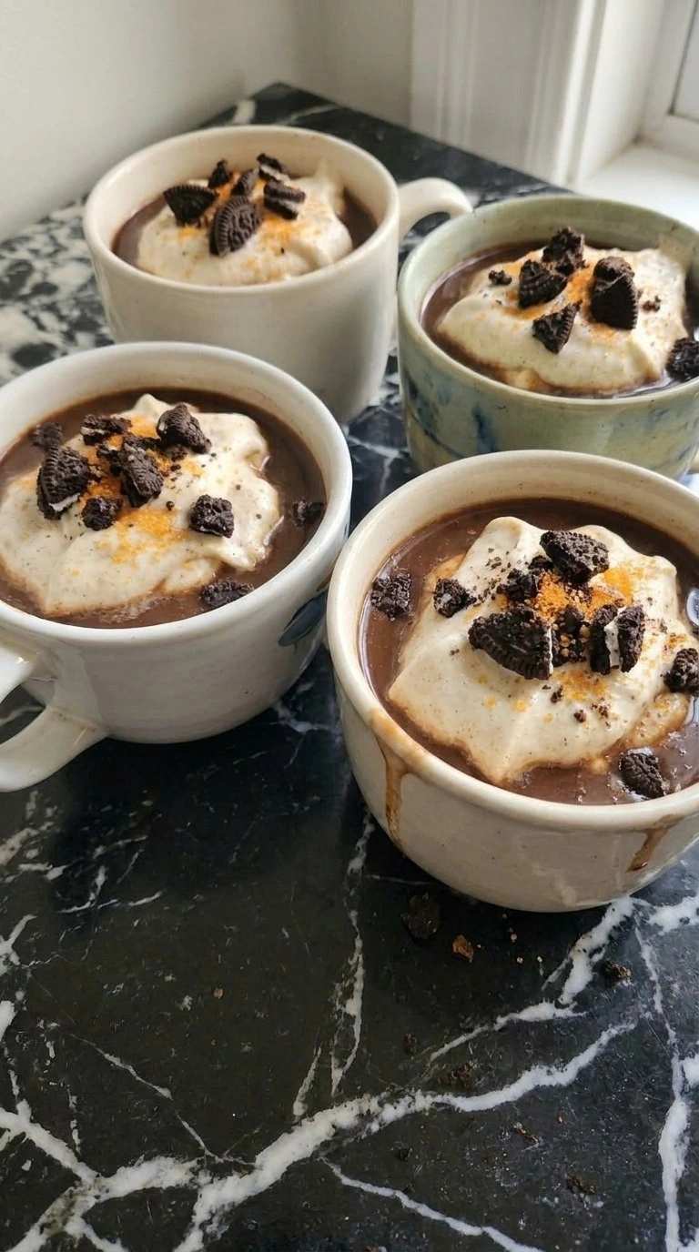 Halloween Coffee Bar with four black cocoa mochas topped with pumpkin spice cream and cookie crumbs Recipe focus: halloween coffee bar ideas.