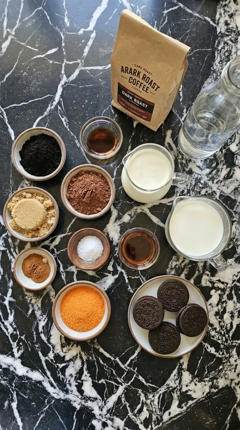 Halloween Coffee Bar ingredients for black cocoa mocha coffee with spiced cream and cookie crumbs Recipe focus: coffee bar ideas halloween.