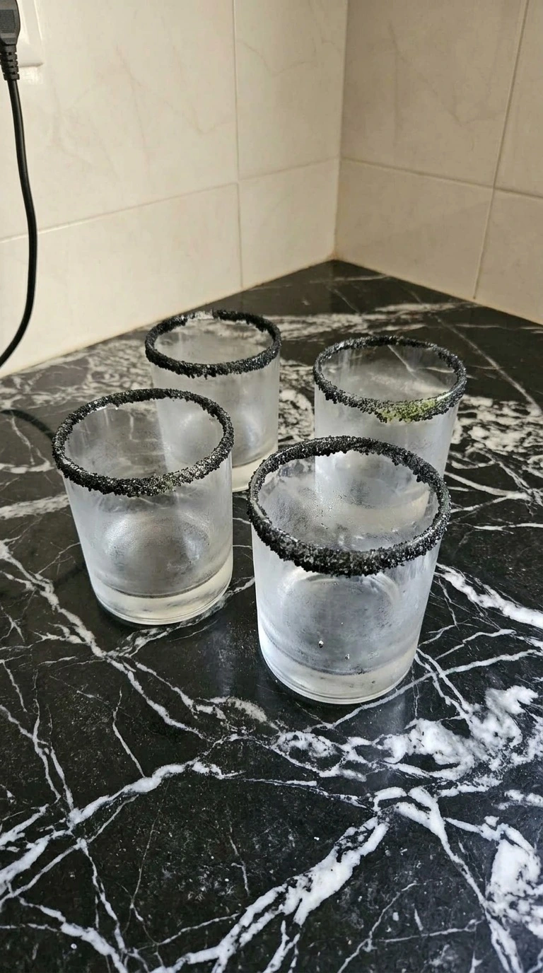 Halloween Drinks Alcohol Cocktails step showing chilled rocks glasses with black sanding sugar rims Recipe focus: halloween drinks alcohol cocktails easy.