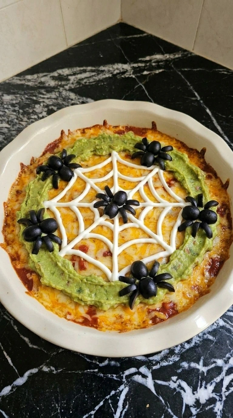Halloween Food for Party Appetizers Dip with melted cheddar, guacamole spiderweb topping and Recipe focus: halloween food for party appetizers dip recipes.