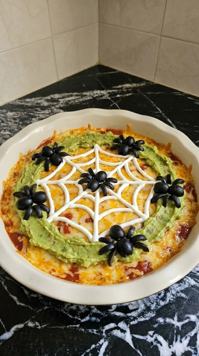 Halloween Food for Party Appetizers Dip finished with guacamole, sour cream web and black olive spiders Recipe focus: halloween dishes party ideas.