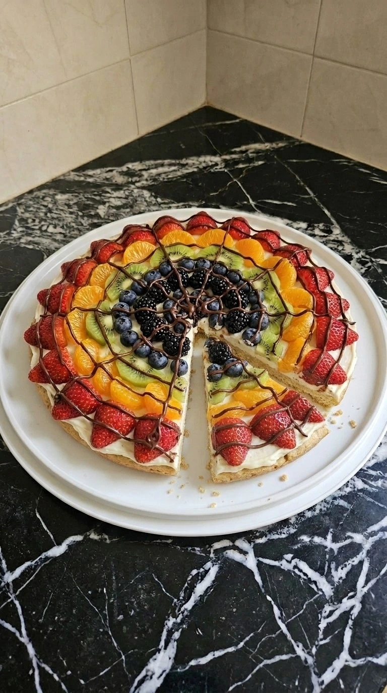 Halloween Fruit Pizza with golden cookie crust, cream cheese frosting, fresh fruit and a chocolate spiderweb Recipe focus: fruit pizza halloween.