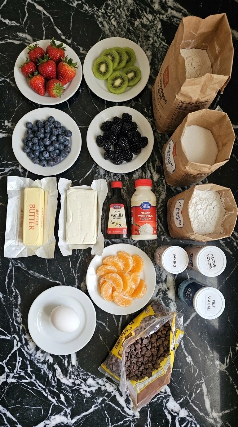 Halloween Fruit Pizza ingredients with fresh fruit, cookie crust staples, cream cheese and semisweet chocolate Recipe focus: halloween meals for kids.