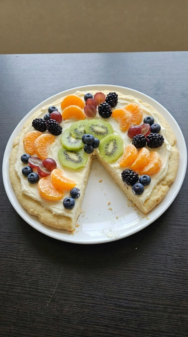 Halloween Fruit Pizza Sugar Cookie with cream cheese topping and colorful fresh fruit on a round serving plate