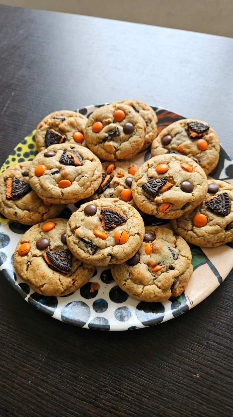 Halloween Oreo Cookies with chewy centers, crisp edges, Oreo chunks and orange candy pieces Recipe focus: oreo halloween cookies.