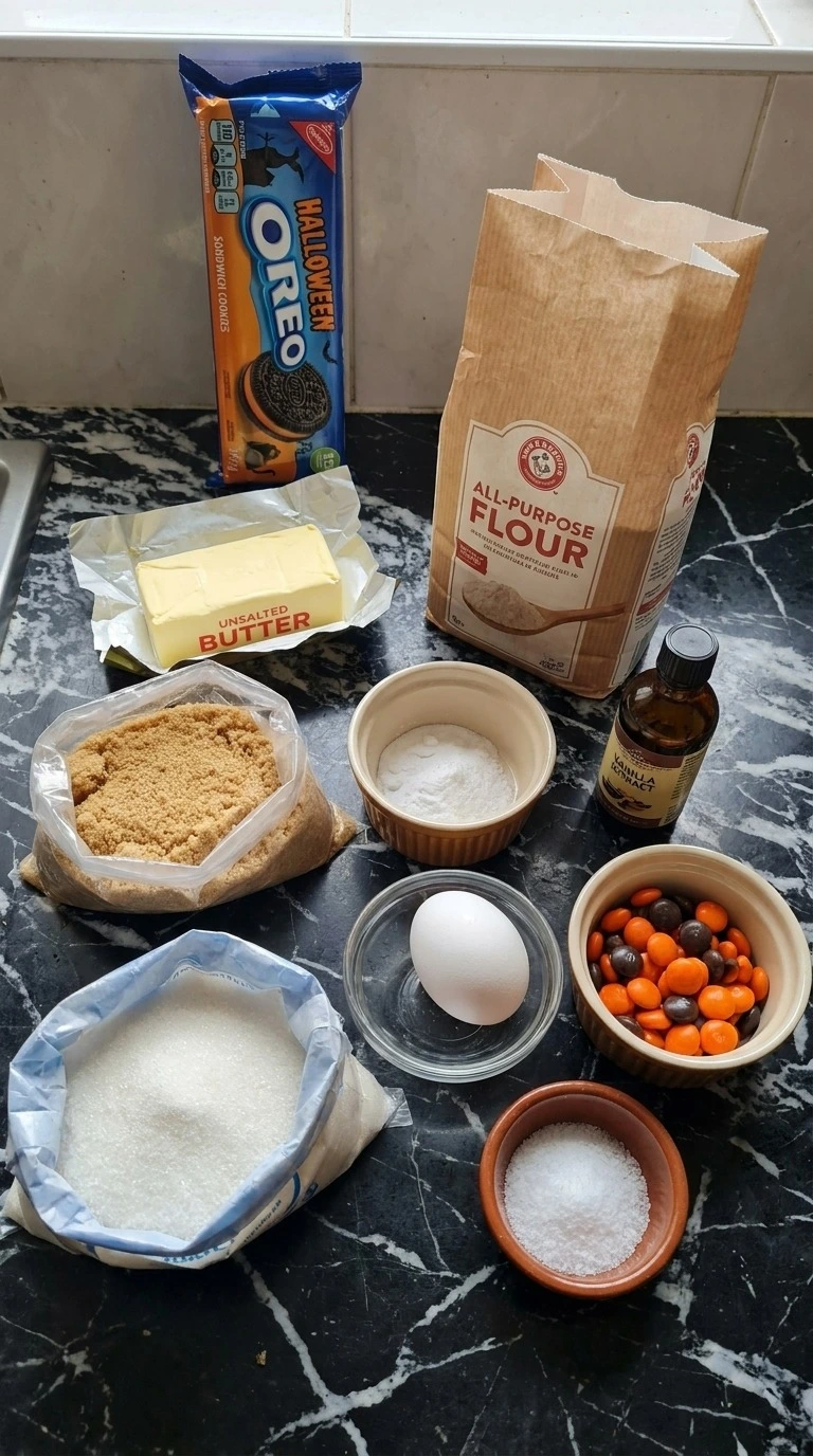 Halloween Oreo Cookies ingredients including Oreo sandwiches, butter, sugars, flour, egg and orange candy Recipe focus: oreo halloween cookies.