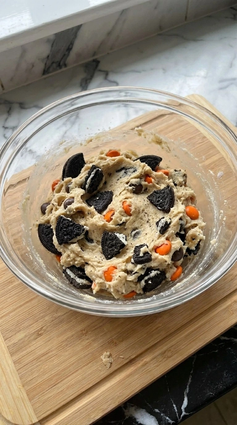 Halloween Oreo Cookies dough filled with rough Oreo chunks and orange candy pieces Recipe focus: oreo halloween cookies.