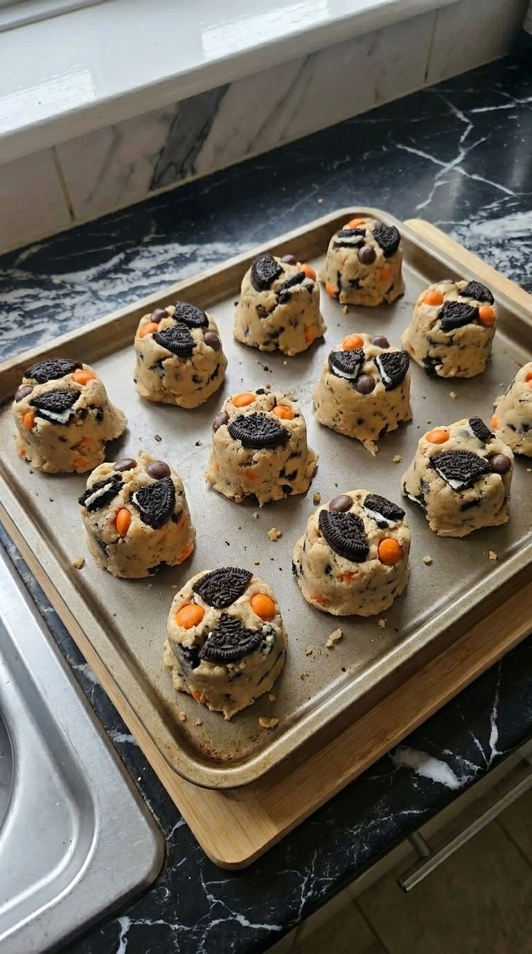 Halloween Oreo Cookies shaped into twelve chunky chilled dough mounds with Oreo pieces on top Recipe focus: oreo cookies halloween.